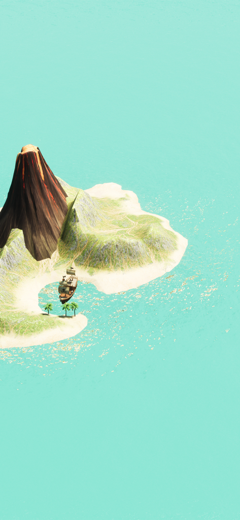 Una vista cenital de una isla caprichosa en Nunca Jamás con un volcán y un barco pirata anclado en agua turquesa.