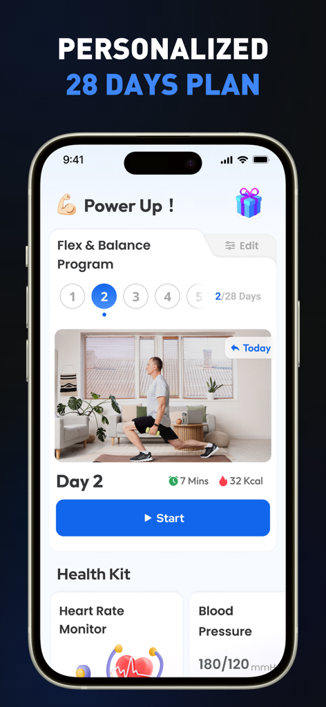 Oberfläche einer mobilen App, die einen personalisierten 28-Tage-Fitnessplan für Männer mit täglichen Heimtrainings und Gesundheitsverfolgung zeigt.