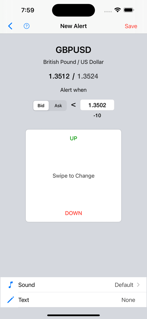 Forex Price Alerts - Interface for setting a new GBPUSD forex price alert with bid ask options and swipe to change controls