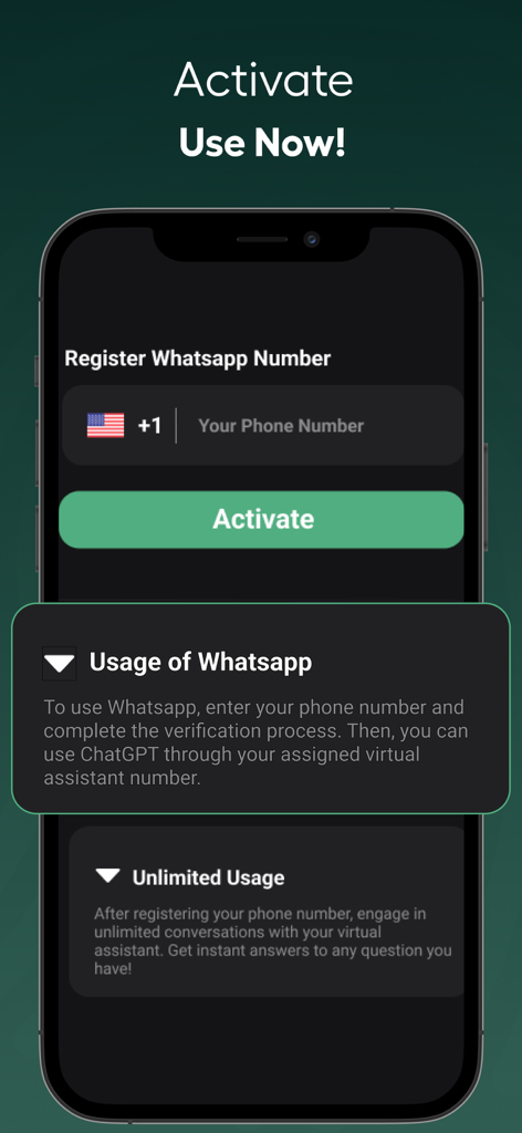 WhatGdt: Ai WA Chat Assistant - Pantalla de registro y activación del asistente IA de WhatGdt mostrando el proceso de configuración del número de WhatsApp.