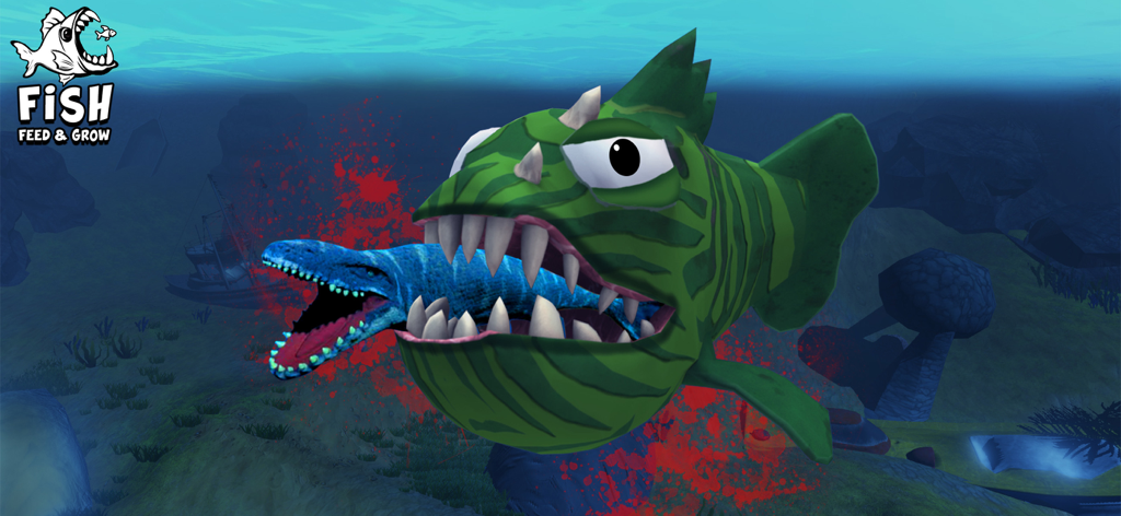 3D Fish Feeding and Grow - Large green predator fish eating a blue sea creature underwater