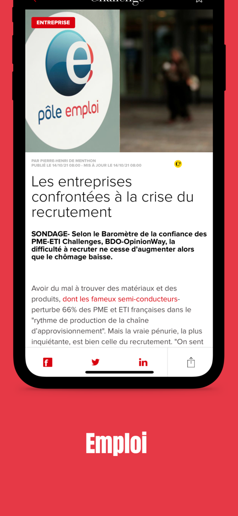 Challenges - Challenges mobile app displaying an article about the recruitment crisis in French companies.