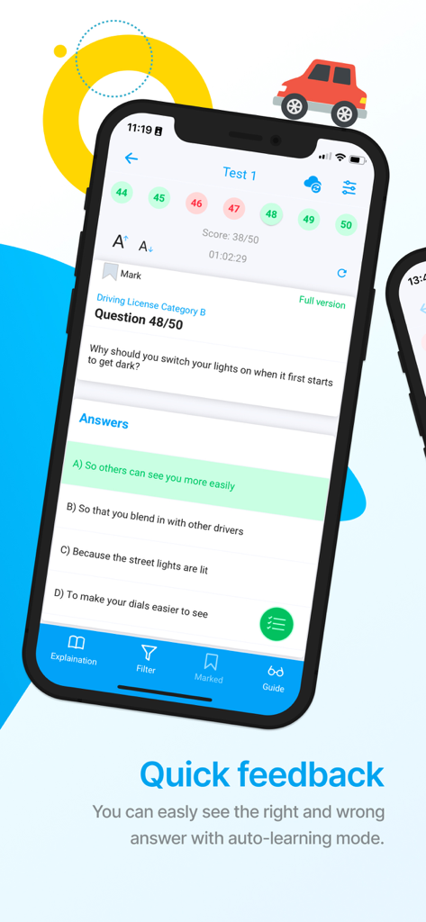 Pantalla de simulacro de Easy Quizzz mostrando una pregunta de licencia de conducir y retroalimentación rápida.