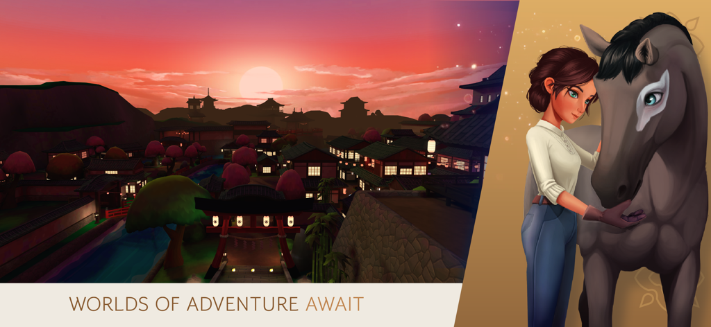 Wildshade Fantasy Horse Races - A female rider and her horse in front of a Japanese-themed village at sunset with the text worlds of adventure await.