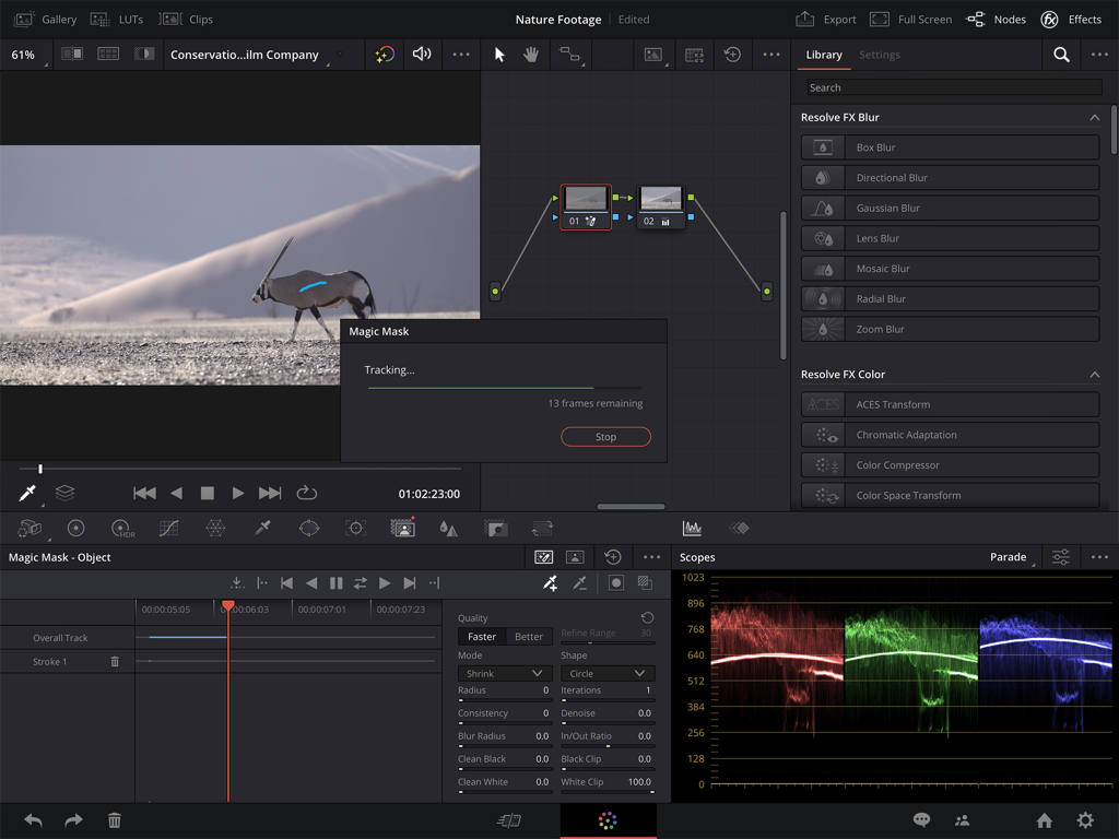 DaVinci Resolve for iPad - Professional video editing interface of DaVinci Resolve for iPad featuring AI Magic Mask tracking and color grading scopes
