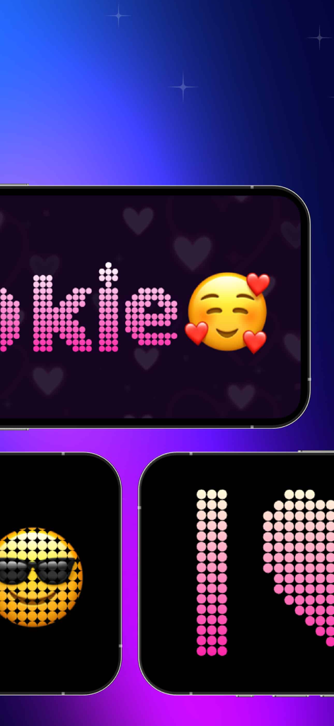 Mobile screens featuring LED dot matrix text and expressive emojis like a heart and a face with sunglasses