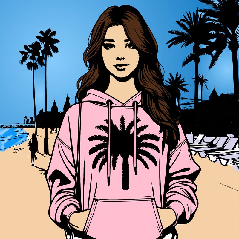 a girl real looking on summer vacation in spain on a beach with palm trees wearing a pink palm puff hoodie