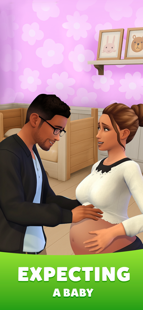 Un hombre y una mujer embarazada en una guardería con el texto Esperando un bebé