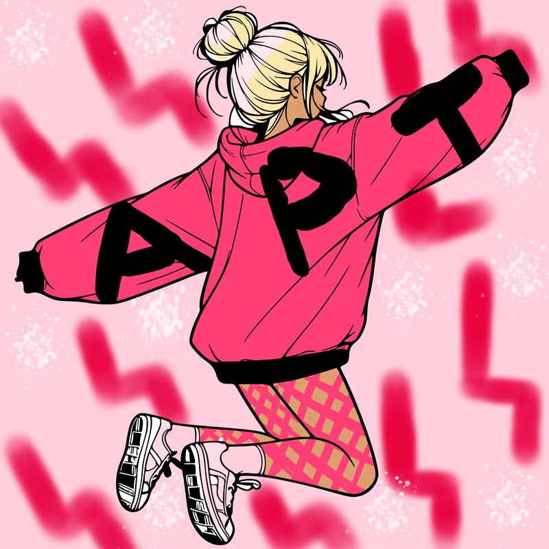 realistic girl jumping with a bun and oversized sweatshirt