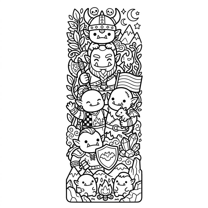 Discover the delightful blend of fantasy and cuteness with our Kawaii Orc bookmark coloring page. This unique design features a crew of charming orcs, perfect for bringing a touch of whimsy to your reading adventures.