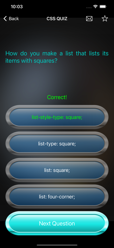 Web Development Languages Quiz - A screen from a CSS quiz app showing a question about list styles with the correct answer highlighted in green.