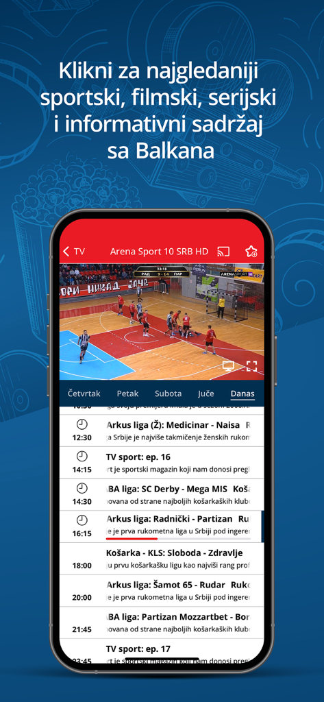 MTEL TV - MTEL TV App Benutzeroberfläche mit einer Live-Sportübertragung auf einem Smartphone mit einem Zeitplan bevorstehender Balkan-Fernsehprogramme.