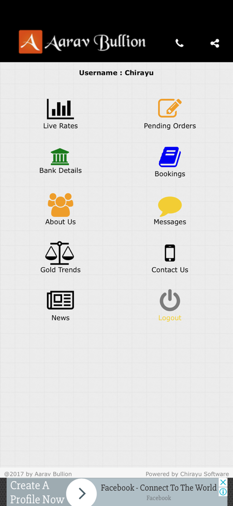 Aarav Bullion Spot - Main menu of the Aarav Bullion Spot app showing icons for live rates gold trends news and bookings