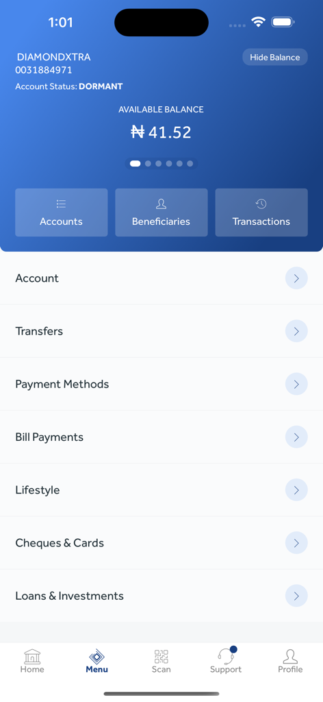 Main menu and account dashboard of the Access More mobile banking app showing account balance and financial services