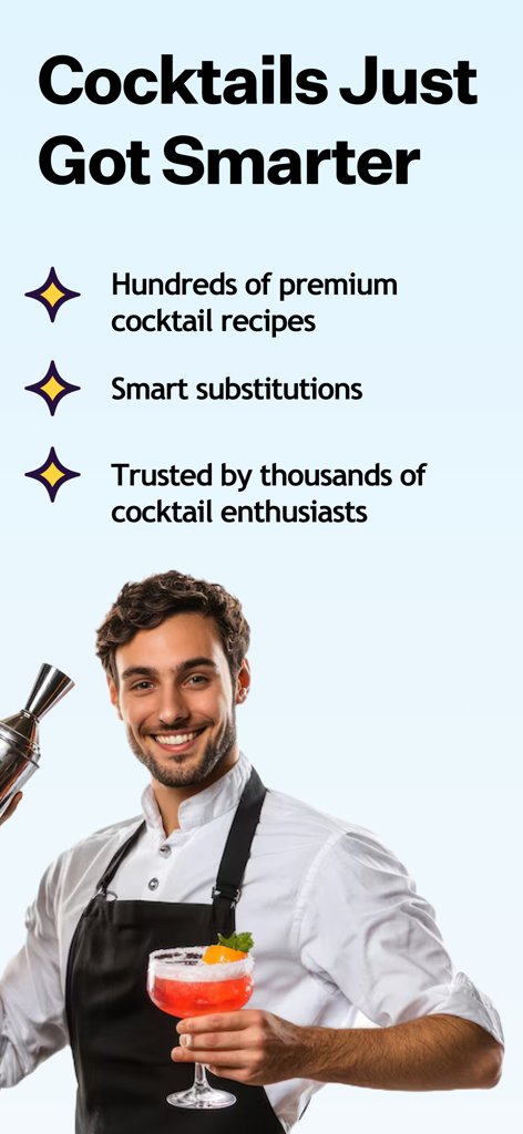 A professional bartender holding a shaker and a red cocktail with promotional text about smart cocktail recipes.