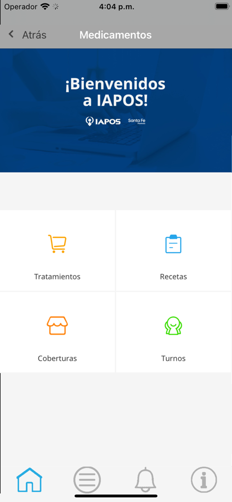 Mi IAPOS - Mi IAPOS mobile app medication menu displaying options for treatments prescriptions and coverage