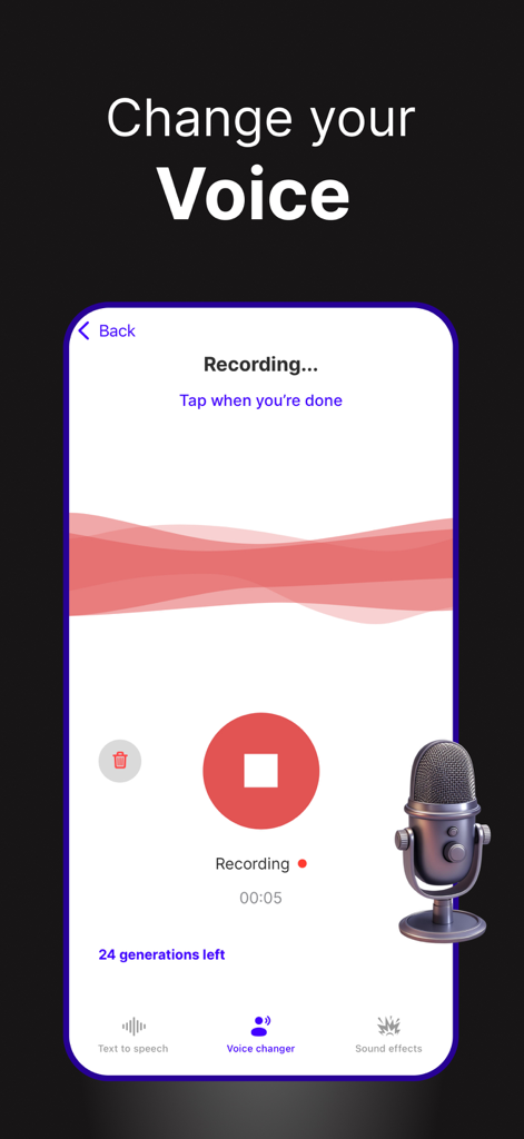 Speech Lab - Voicemod TTS - Interface of the Speech Lab app showing an active voice recording with a sound wave visualization and a large stop button.