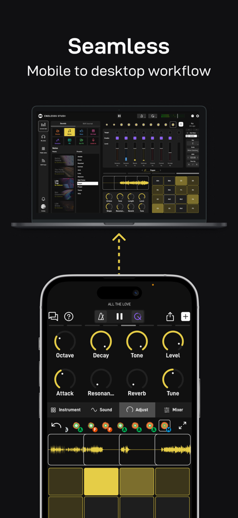 Endlesss - Multiplayer Music - Endlesss music production interface displayed on both a smartphone and a laptop to show mobile to desktop workflow
