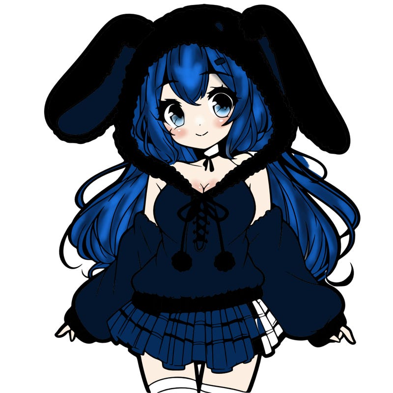 pretty anime girl wearing a fluffy hoodie with bunny ears on the hood and a skirt