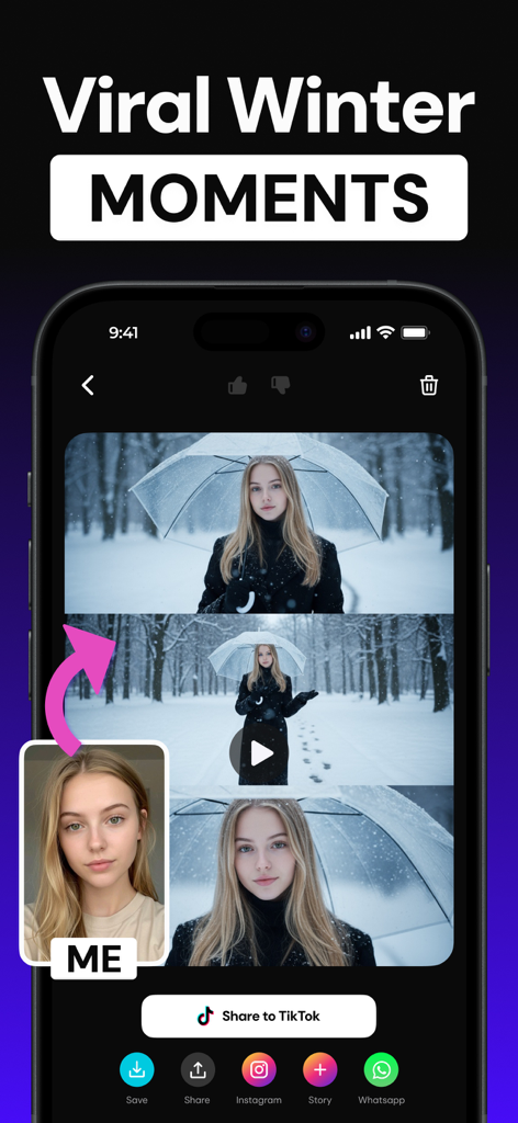 Smartphone screen showing the Boom AI app interface generating a winter themed video of a woman in the snow with a Share to TikTok button