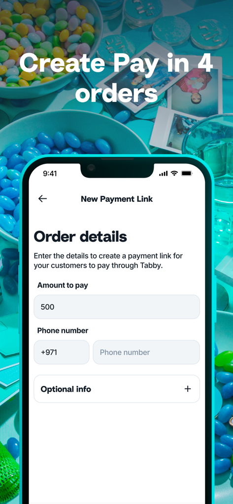 Bildschirm der Tabby Business Mobile App, der die Erstellung eines neuen Zahlungslinks zeigt, damit Kunden in 4 Raten bezahlen können