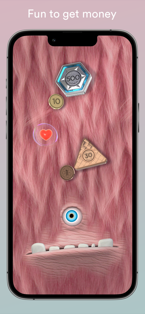 Tjing - Fun pocket money - Tactile virtual coins and a heart icon floating on a playful pink furry character in the Tjing app interface.