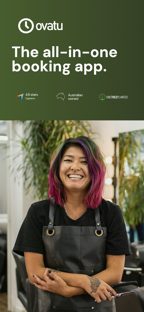 Ovatu - A smiling professional hairstylist in an apron holding scissors under the Ovatu all-in-one booking app logo