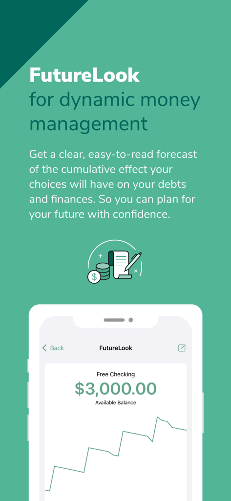 Recurso FutureLook no aplicativo DCU Digital Banking mostrando um gráfico de previsão de saldo de conta corrente