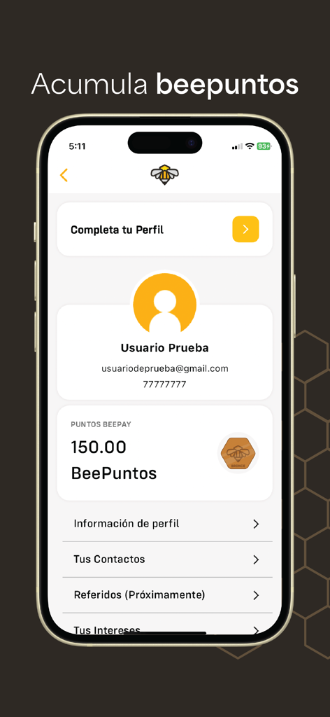 BeePay - Interfaz de la aplicación móvil de BeePay que muestra el perfil del usuario y el saldo de puntos de recompensa