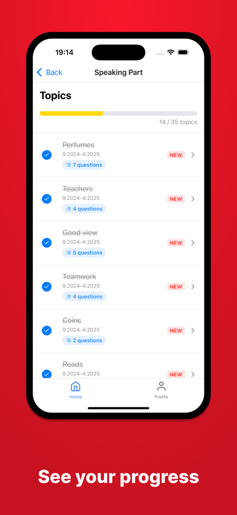 Prep IELTS: Prepare your exam - IELTS speaking part practice topics and progress tracking interface