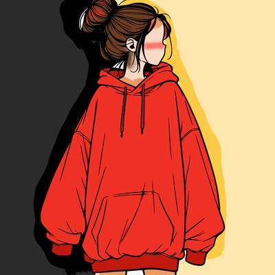 realistic girl with a oversized sweatshirt on and a bun