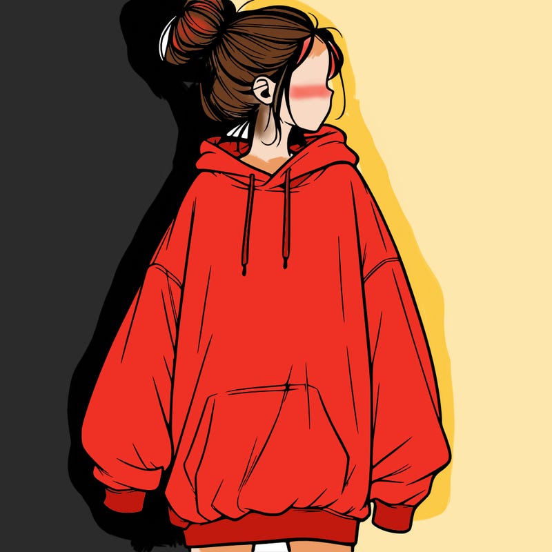realistic girl with a oversized sweatshirt on and a bun