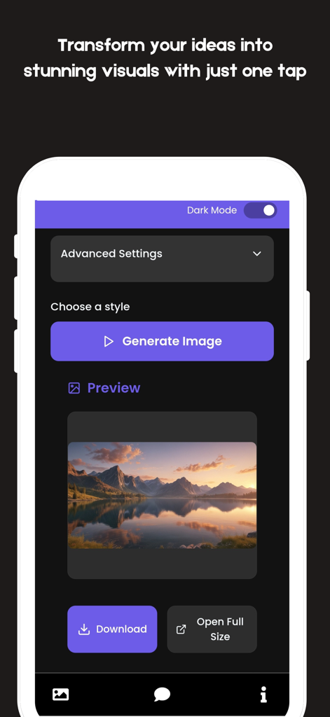Interfaz móvil de Gamma AI PPT mostrando una imagen de paisaje generada por IA con opciones de generación y descarga