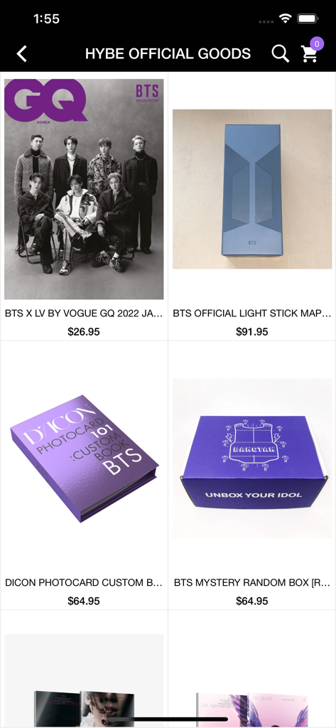 COKODIVE mobile app interface showing official BTS merchandise and HYBE goods