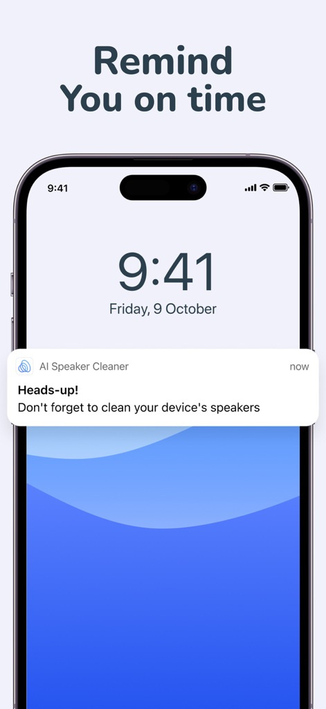 Water Eject・Speaker Cleaner AI - Smartphone screen displaying a speaker cleaning reminder notification from the AI Speaker Cleaner app