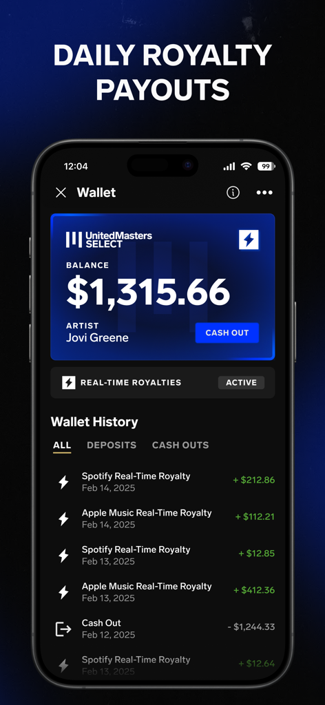 UnitedMasters: Release Music - Interface de l'application UnitedMasters montrant le solde d'un portefeuille et l'historique des paiements de redevances quotidiens de Spotify et Apple Music.
