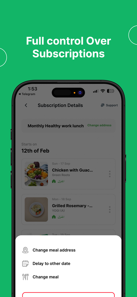 DailyMealz: Food Subscription - DailyMealz mobile app interface showing subscription details and flexible meal management options