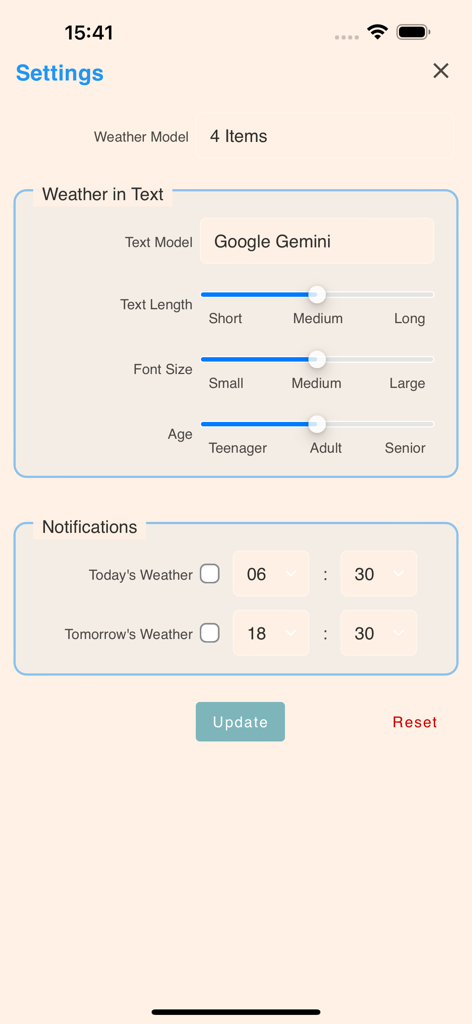 AI Weather (WITAL) - WITAL AI天気アプリの設定ページ、テキストの長さ、フォントサイズ、AIモデル、通知スケジュールのカスタマイズオプションを表示