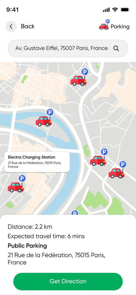 EVMap- Charging Station Finder - Map view of the EVMap app showing charging station locations and travel time in Paris