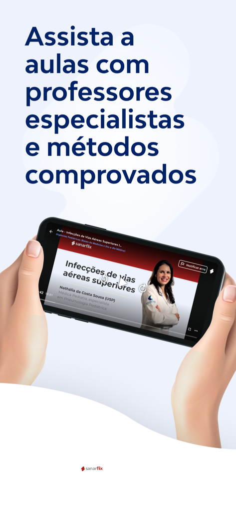 SanarFlix - Estudar Medicina - A medical student watching a video lecture on a smartphone using the SanarFlix medical education app