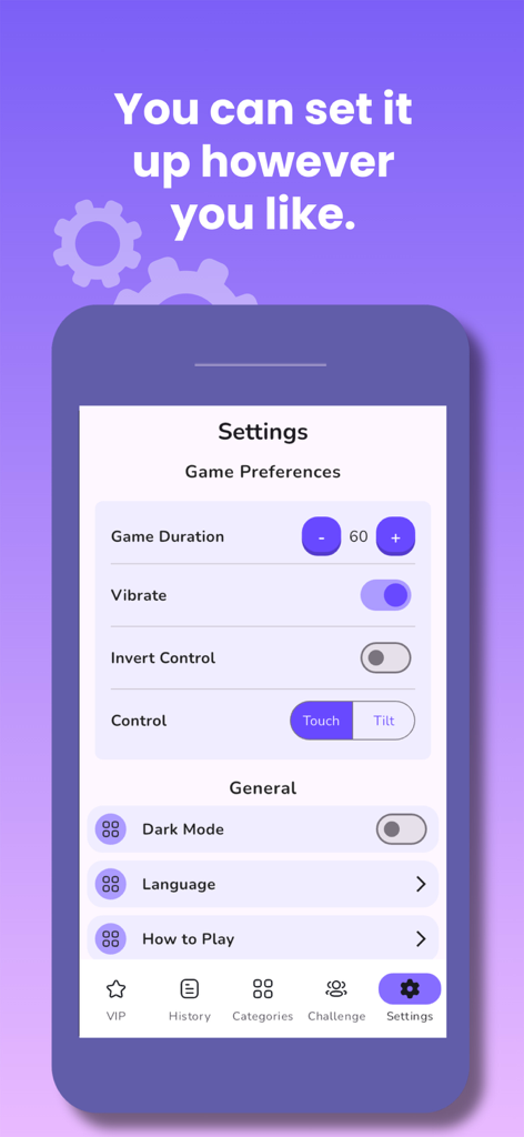 Guess It: Charades & Guessing - A smartphone showing the settings menu of the Guess It charades app with options for game duration and control types