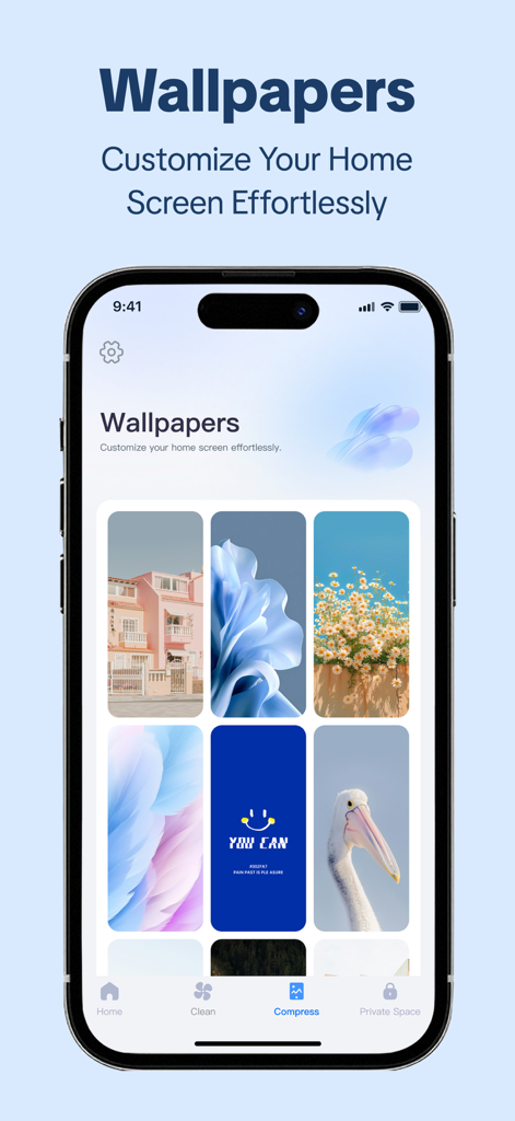 AI Storage Cleaner：Free Up - Pantalla de la aplicación Limpiador de Almacenamiento IA mostrando una colección de fondos de pantalla estéticos para la personalización de iPhone
