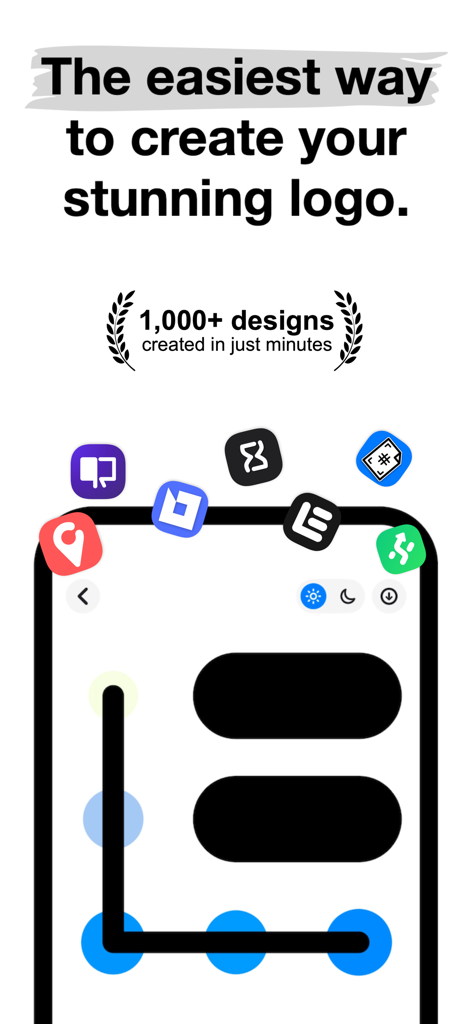 EasyLogo: Quick Logo Maker - Interface de l'application EasyLogo Logo Maker montrant un outil de conception minimaliste basé sur grille avec plusieurs exemples d'icônes de logo
