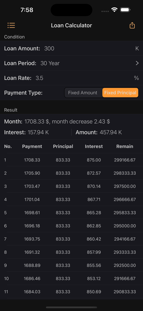 Smart-Calculator Pro - Interfaz de la aplicación Smart Calculator Pro que muestra la función de calculadora de préstamos con un cronograma de pagos detallado.