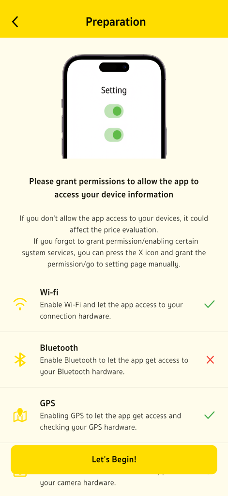 BaNANA Sure - BaNANA Sure app preparation screen showing hardware permission requests for device diagnostics