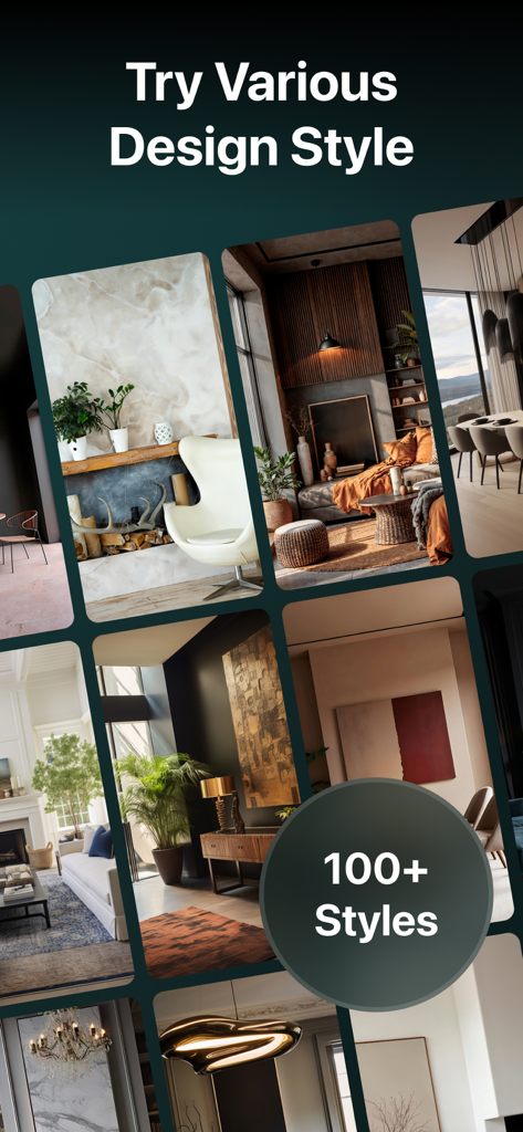 AI Room Planner: Home Designer - A collection of various interior design styles showing different room layouts and furniture arrangements within the AI Room Planner app