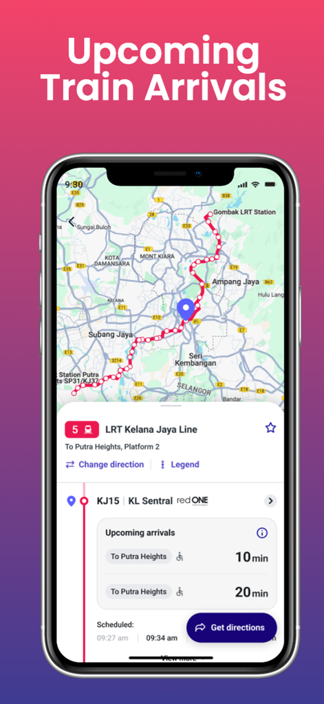 MyRapid PULSE app displaying live train arrivals for the LRT Kelana Jaya Line at KL Sentral station