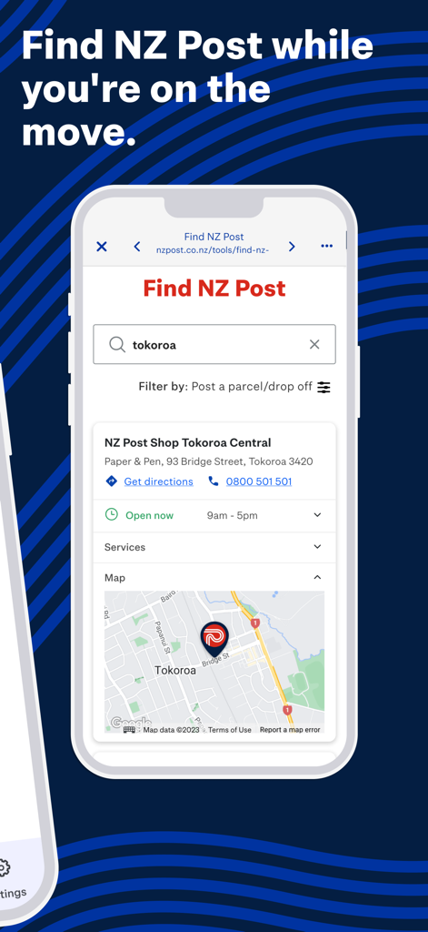 NZ Post app interface showing a location finder for post shops with map and opening hours