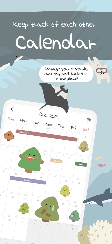 Shared relationship calendar in the Couple Tree app featuring cute tree icons to track schedules and emotions.