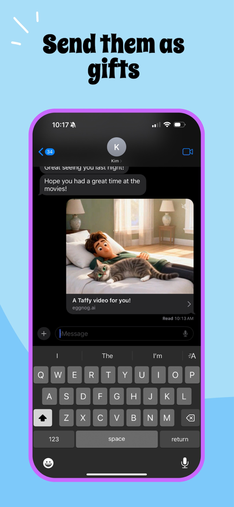 Taffy - animate your life - Interface de chat móvel mostrando um vídeo animado de IA do Taffy compartilhado como um presente.